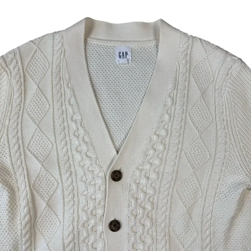 Gap‎ Fisherman Chunky Knit Cardigan Cream 100% Cotton Grandpacore Men’s - Size M